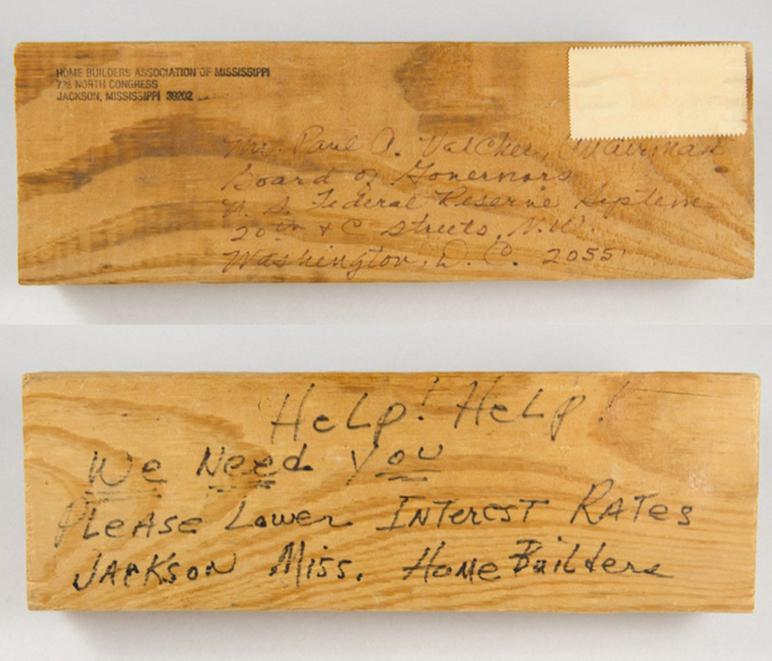 Wood block with handwritten note to Paul Volcker.
